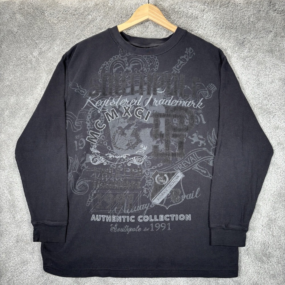 Vintage Southpole Shirt Mens XL Black Waffle Knit Thermal Graphic Faded Y2K